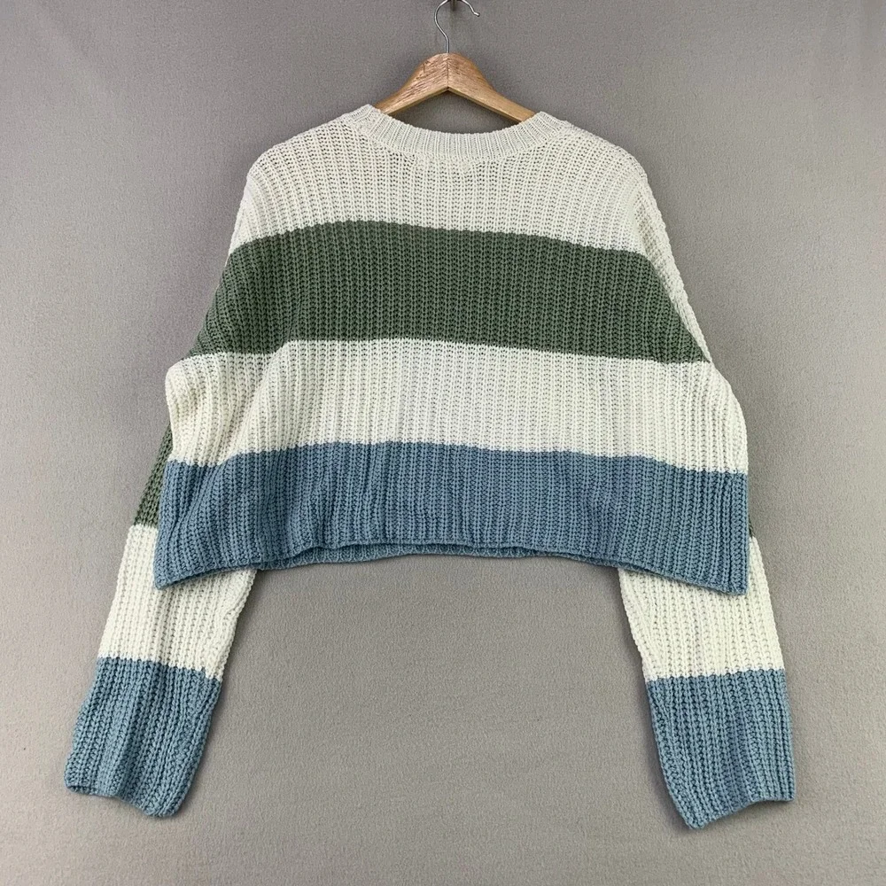 Moon & Madison Colorblock Stripe Sweater Women Small Blue Green White Knit Crop